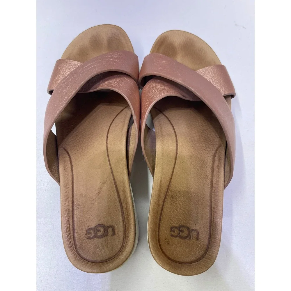 UGG Kari Metallic Rose Gold Cross Strap Slide Sandals 1092669 Womens 8.5